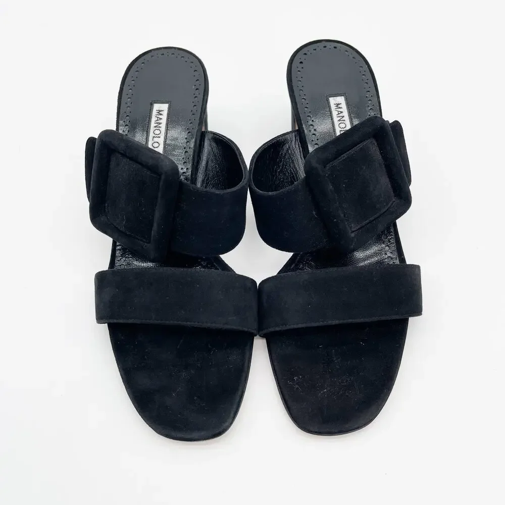 Manolo Blahnik Titubanew Black Suede Open Toe Buckle Mule Sandals Heels IT 36.5